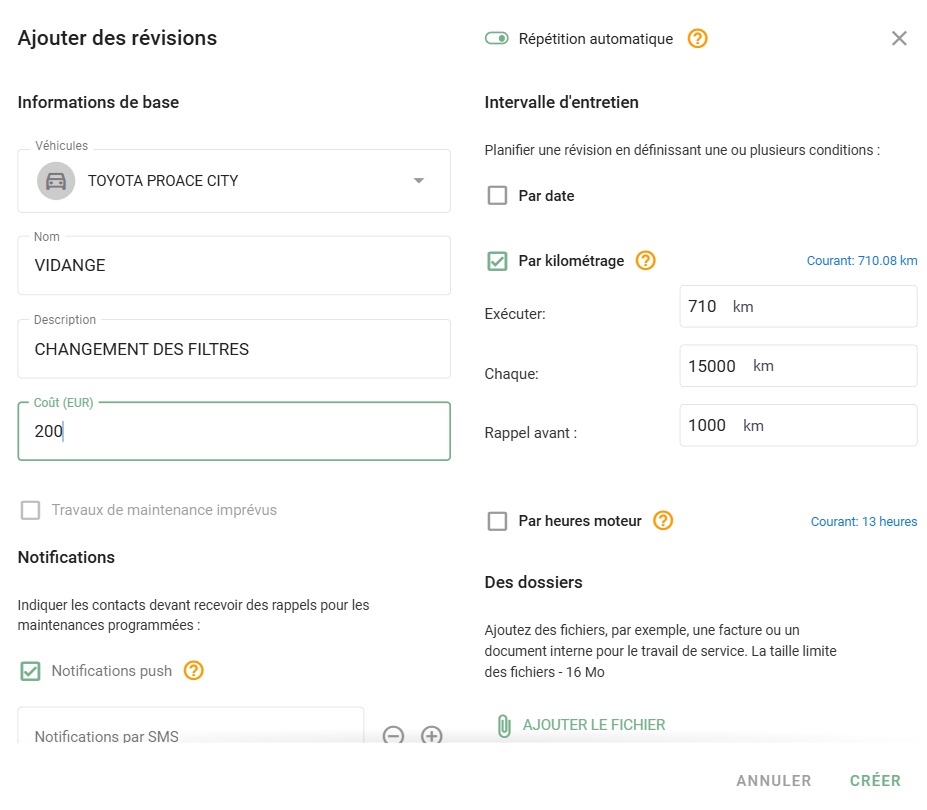 Liste des travaux de maintenance et d'entretien programmés sur un véhicule