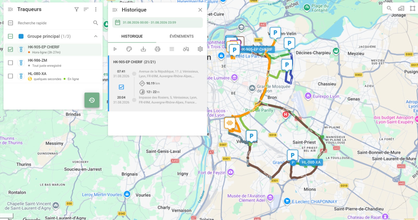 Historique des trajets et points de passage d'un véhicule sur la plateforme Secure IT